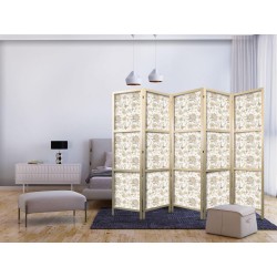 Japanischer Paravent - Beige Shades of Nature - Flowers and Butterflies on a White Background - Illustration