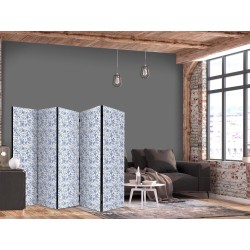 Paravent - Illustration in Vintage Style - Blue Flowers on a White Background