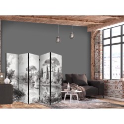 Paravent - Black and White Vintage Landscape - Retro View of a Pond with a Boat