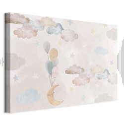 Leinwandbild - Fairy-Tale Moon - Pastel Moon with Balloons Among Colorful Clouds and Stars in Subdued Colors on a Light 