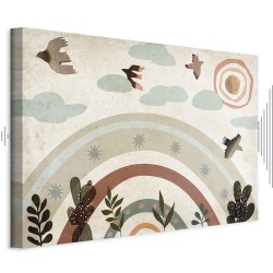 Leinwandbild - Rainbow and Sun Above - Birds in Subdued Colors Flying Among Clouds Above a Rainbow and Various Plants on