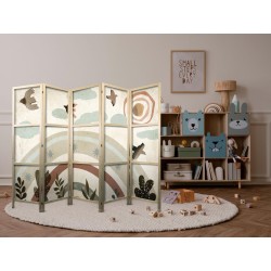 Japanischer Paravent - Sun Above the Rainbow - Birds in subdued colors - flying among clouds above a rainbow and vegetat