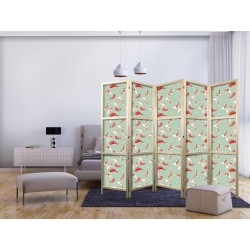 Japanischer Paravent - Fish and Japanese Pattern - Koi Fish in Orange-Cream Colors on a Green-Mint Background with an Or