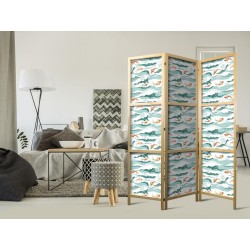 Japanischer Paravent - Fish Jumping Over Waves - Oriental Fish and Water Lilies Among High Waves in Shades of Sea Green