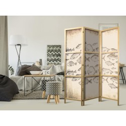 Japanischer Paravent - Sketch of a School of Fish - Sketches of Various Species of Fish Swimming in a School on a Beige 