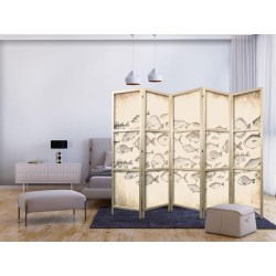 Japanischer Paravent - Sketch of a School of Fish - Sketches of Various Species of Fish Swimming in a School on a Beige 