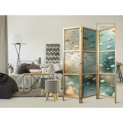 Japanischer Paravent - Spectacular Underwater Landscape - Fish in the Underwater World in Colors of Turquoise Blue Beige