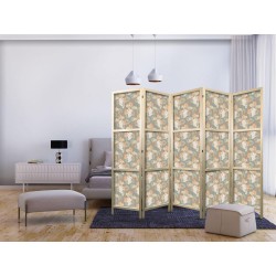 Japanischer Paravent - Little Bouquets - Exotic Flowers and Leaves on a Gray-Green Background