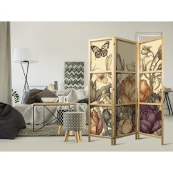 Japanischer Paravent - Tulips in Cream - Illustration of Flowers and Butterflies on a Light Background