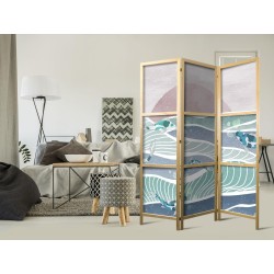 Japanischer Paravent - Picturesque Landscape with Fish - Sunset and Koi Fish in Shades of Turquoise and Blue Floating Ab