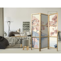 Japanischer Paravent - Landscape with the Ocean - Cliffs - and Trees in Delicate Pink Shades