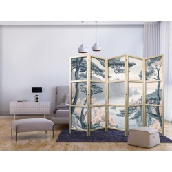 Japanischer Paravent - Mountainous Coastline with Trees and Rocks in Light Pastel Blues