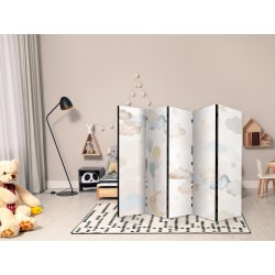 Paravent - Fairy-Tale Moon - Moon with Balloons Among Clouds and Stars in Subdued Colors on a Light Beige Background