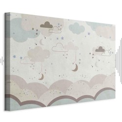 Leinwandbild - Cloudy Night Sky - Moons in Brown and Beige Hues Among Clouds and Numerous Little Stars on a Light Backgr