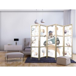 Japanischer Paravent - Galactic Races - Bear participating in car races among planets - clouds - and stars in pastel col