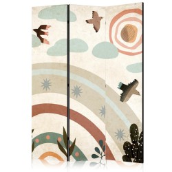Paravent - Sun Above the Rainbow - Birds in Subdued Colors Flying Among Clouds Above a Rainbow and Vegetation on a Light