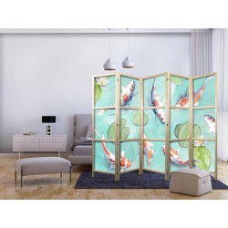 Japanischer Paravent - Spectacular Fish - White-Orange Koi Fish Swimming in Crystal Clear Water with Water Lilies