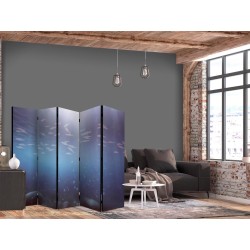 Paravent - School of Small Fish - Illuminated Oceanic Depth in Shades of Navy Purple and Gray with a Shoal of Tiny Fish