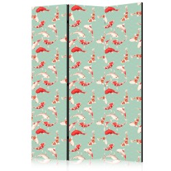 Paravent - Fish and Japanese Pattern - Koi Fish in Orange-Cream Colors on a Green-Mint Background with an Oriental Patte