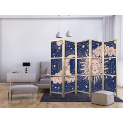 Japanischer Paravent - Cosmic Harmony - Illustration of the Sun and Moon on a Navy Background