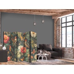 Paravent - In the Botanical Garden - Flowers Birds and Butterflies - Colorful Illustration