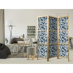 Japanischer Paravent - Rose Vines - Monochromatic Blue Birds Resting Among Roses