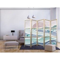 Japanischer Paravent - Picturesque Landscape with Fish - Sunset and Koi Fish in Shades of Turquoise and Blue Floating Ab