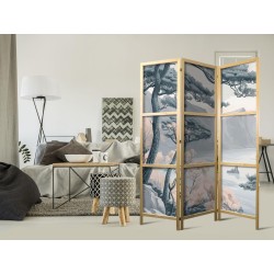 Japanischer Paravent - Mountainous Coastline with Trees and Rocks in Light Pastel Blues