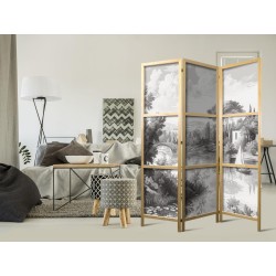 Japanischer Paravent - Black and White Vintage Landscape - Retro View of a Pond with a Boat