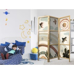 Japanischer Paravent - Sun Above the Rainbow - Birds in Subdued Colors Flying Among Clouds Above a Rainbow and Vegetatio