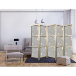 Japanischer Paravent - Cosmic Fireworks - Elegant Pattern with Moons and Stars on a Gray Background