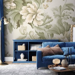 Fototapete - Retro Vintage Flowers in Delicate Cream and Green Colors