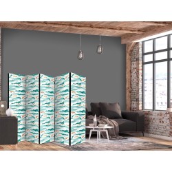 Paravent - Fish Jumping Above The Waves - Oriental Fish And Water Lilies Among High Waves in Shades of Sea Green