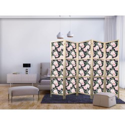 Japanischer Paravent - Peonies - Pink Flowers and Green Leaves on a Graphite Background