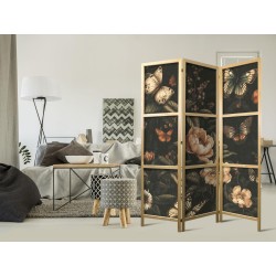 Japanischer Paravent - Mysterious Garden - Butterflies Flying Over Flowers - Rustic Evening