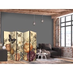Paravent - Tulips in Cream - Illustration of Flowers and Butterflies on a Light Background