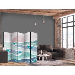 Paravent - Picturesque Landscape With Fish - Sunset And Koi Fish in Shades of Turquoise And Blue Floating Above The Wate