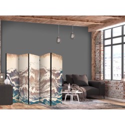 Paravent - Turbulent Ocean - High Waves in Brown And Navy Colors on a Beige Background in Vintage Style
