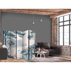 Paravent - Mountainous Coast with Trees and Rocks - in Light Pastel Blues