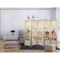 Japanischer Paravent - Solny Square - Colorfully Illustrated Townhouses Against a Sky with Clouds