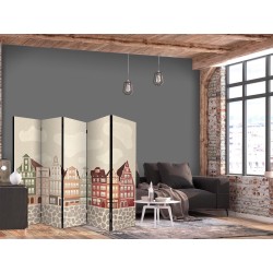 Paravent - Salt Square - Colorful Illustrated Townhouses Against a Sky with Clouds Background