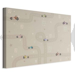 Leinwandbild - Race - Colorful Cars on a Road on a Beige Background with Inscriptions