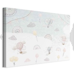 Leinwandbild - Sky with Balloons - Balloons in Subdued Colors Flying in the Sky Among Clouds Rainbows and Stars