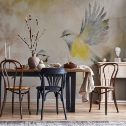 Fototapete - Painted tits - bird motif with patterns in yellow and beige tones