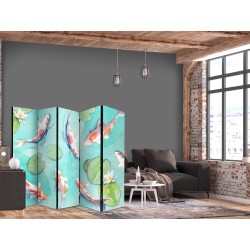 Paravent - Spectacular Koi Fish - White-Orange Koi Fish Swimming in Crystal Clear Water With Water Lilies