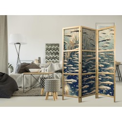 Japanischer Paravent - Life in the Ocean - Underwater World of Fish and Vegetation in Beige and Navy Retro Style