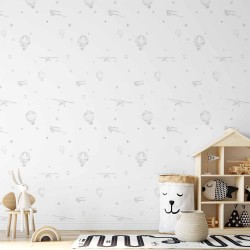 Tapete - Watercolor - Airplanes and balloons painted on a white sky background