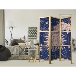 Japanischer Paravent - Cosmic Harmony - Illustration of the Sun and Moon on a Navy Background