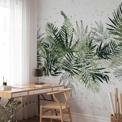 Fototapete - Jungle and green plume - large tropical leaves on a white background