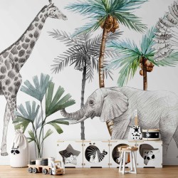 Fototapete - Jungle Animals Wallpaper for Childrens Room in Cartoon Style